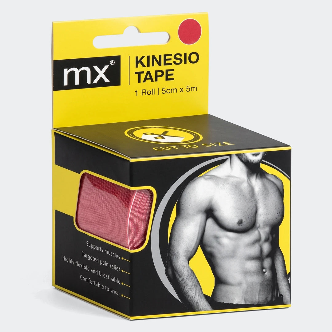 Kinesio Tape Red 5cm x 5m red kinesiology tape roll in box packaging, textured fabric athletic support tape.