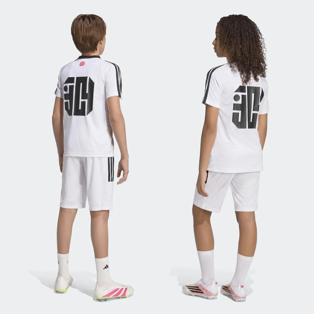 Two youths wearing white Lamine Yamal Hot Shorts Youth and matching football jerseys from behind on a plain background.