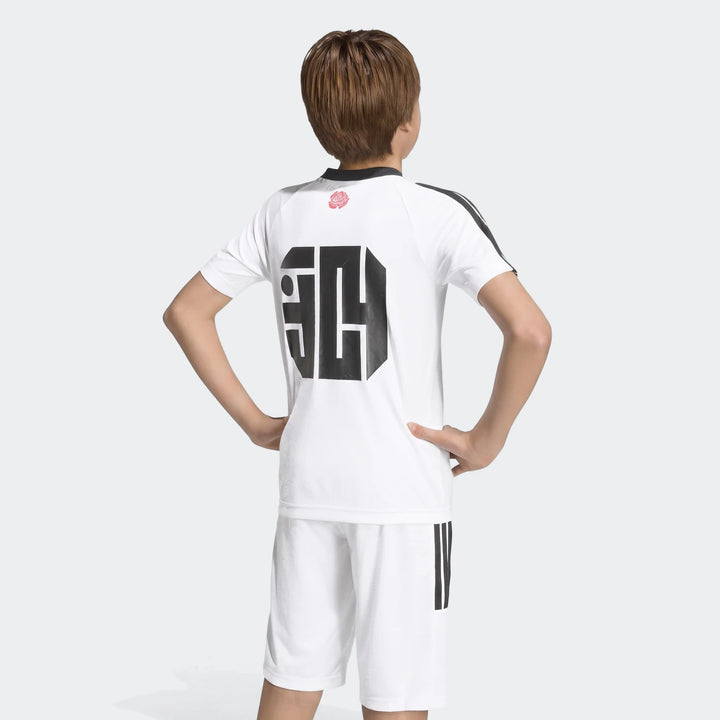 Lamine Yamal Kids' Training T-Shirt and Shorts set, shown from the back. White short-sleeve jersey with black stripes and a