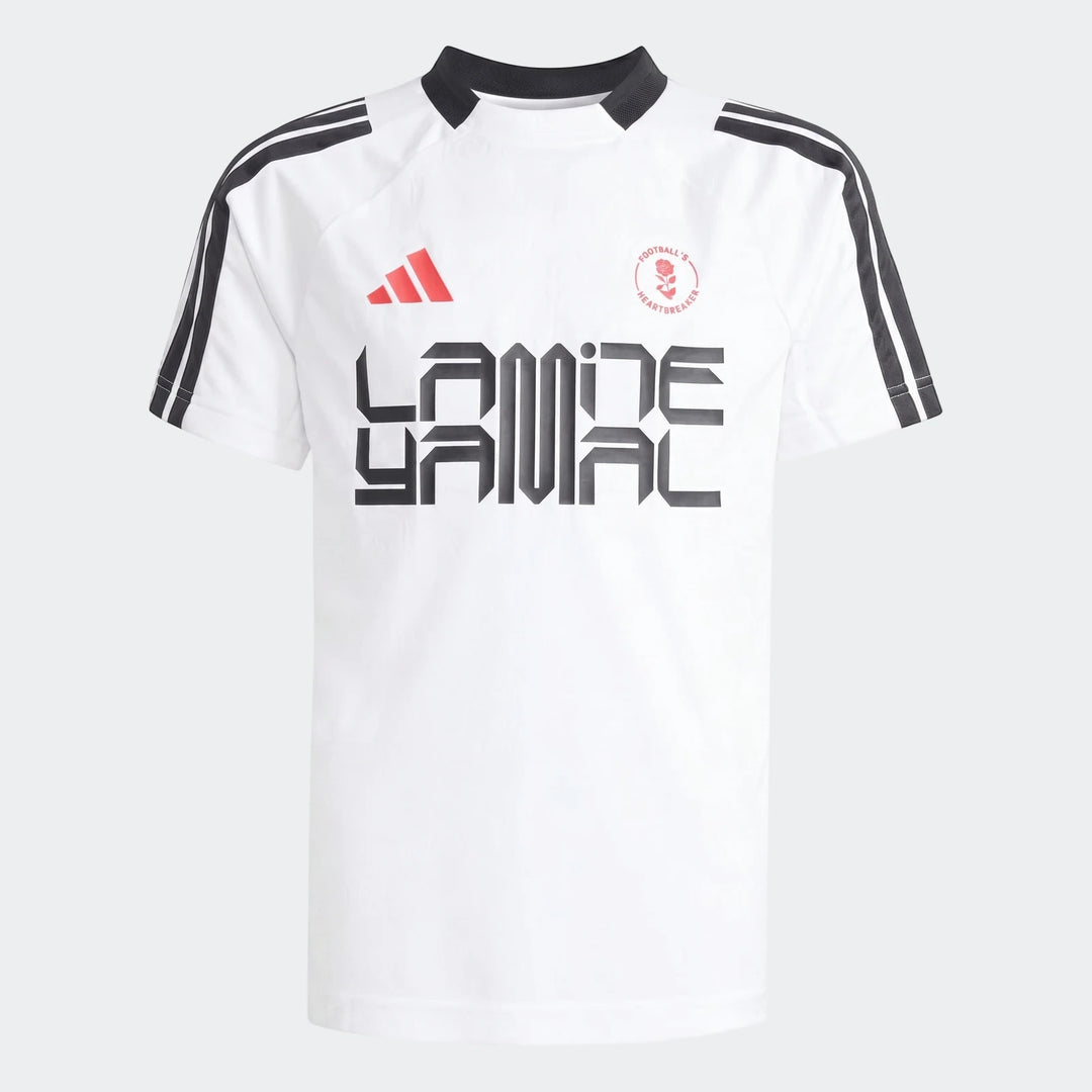 Lamine Yamal Training T-Shirt for kids in white, featuring black shoulder stripes, a red Adidas logo, and unique text