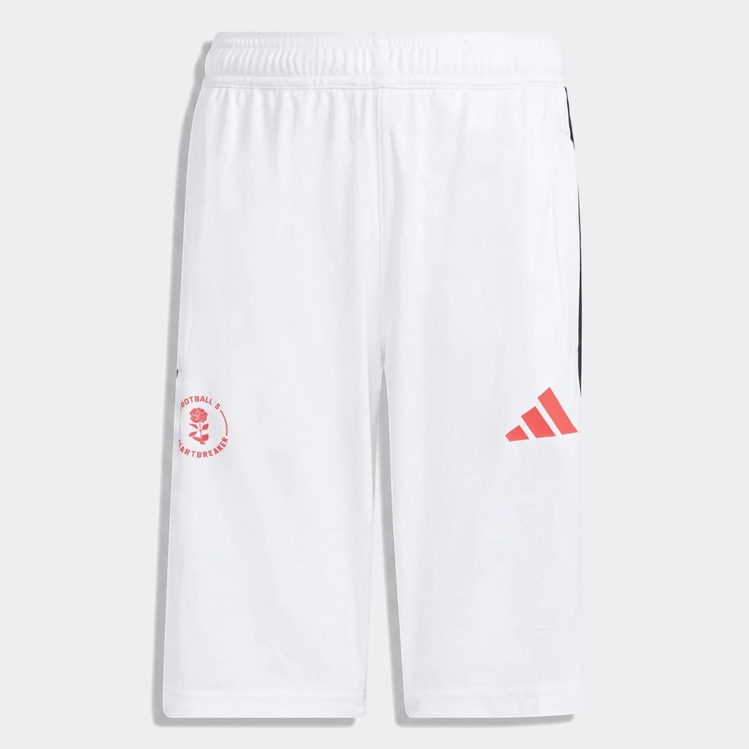 White Lamine Yamal Hot Shorts for youth, featuring a red Adidas logo and a 'Football's Heartbreaker' graphic.