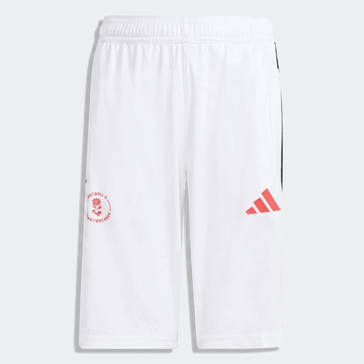White Lamine Yamal Hot Shorts for youth, featuring a red Adidas logo and a 'Football's Heartbreaker' graphic.