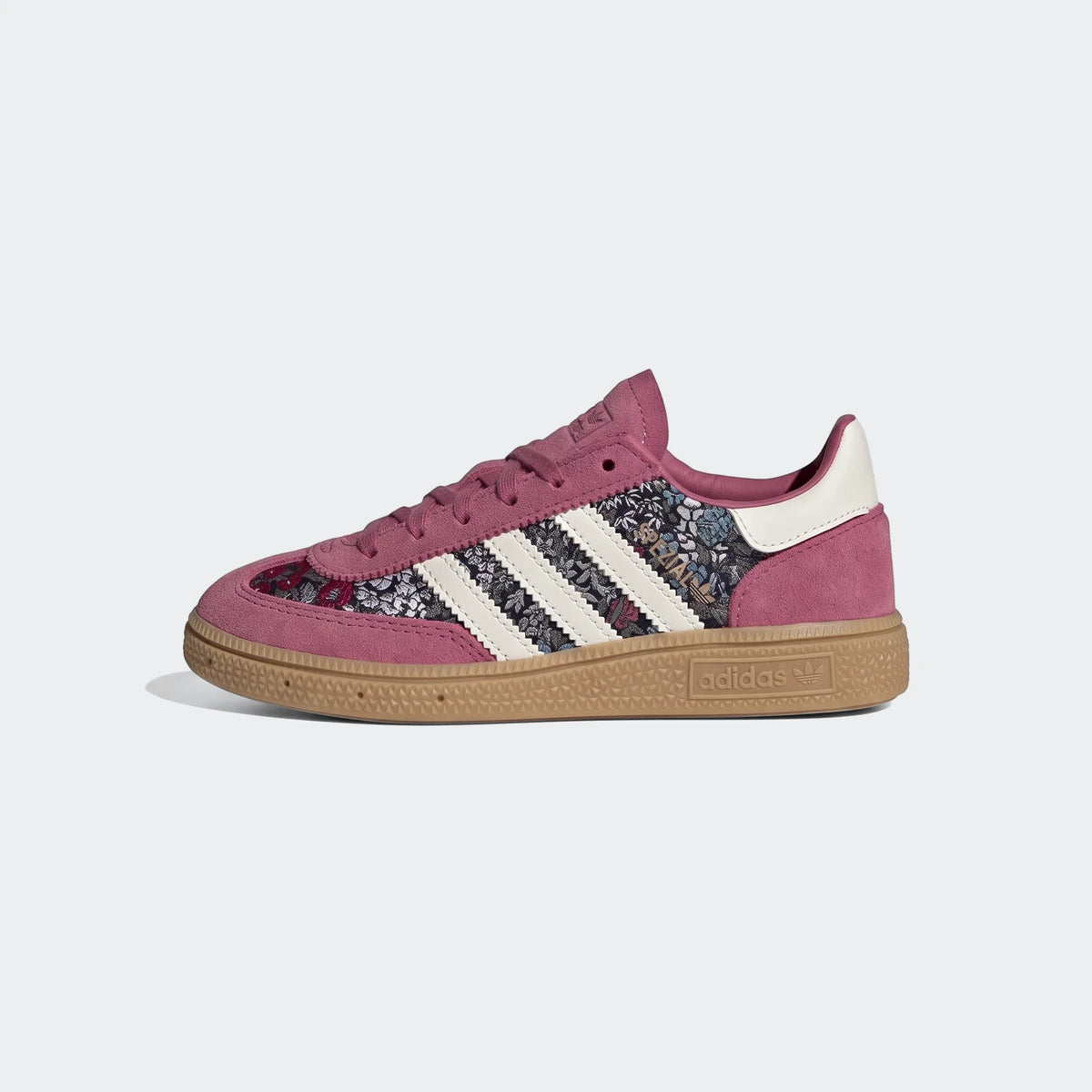 Liberty Handball Spezial Lace Shoes in pink suede with floral textile details, white stripes, and a light brown gum sole,