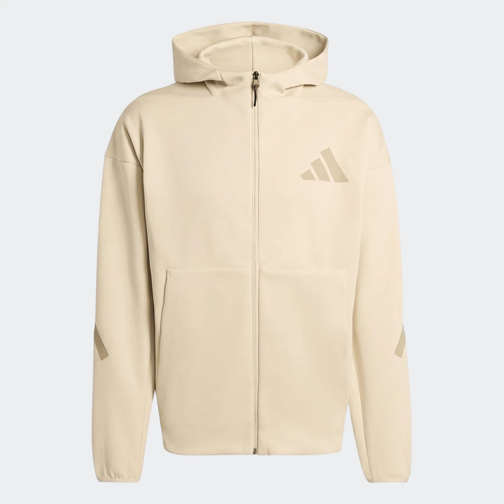 Light beige Z.N.E. Full-Zip Hoodie with a prominent three-bar logo on the chest and matching arm details, front view.