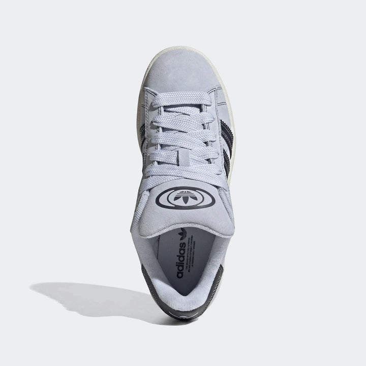 Light blue Adidas Campus 00s sneaker, top-down view, with black stripes and white sole, perfect for casual wear.