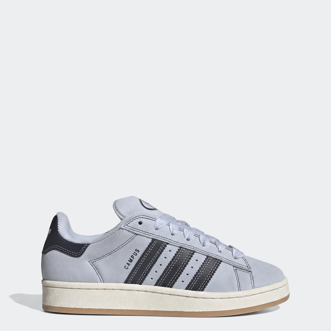 Light blue Adidas Campus sneaker with black stripes and cream sole, captured in a side view for retail display.