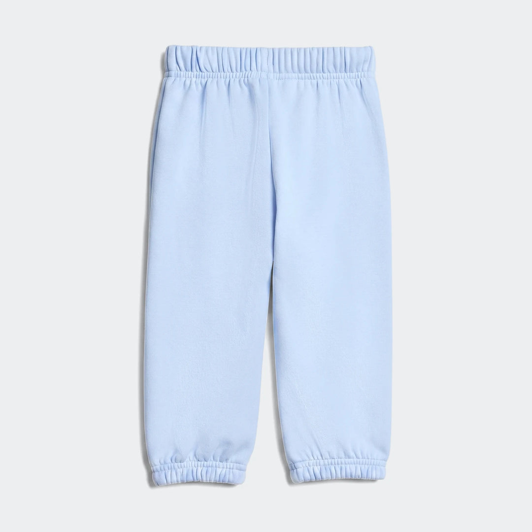 Light blue Essentials jogger pants, laid flat, showcasing the elasticized waistband and cuffs. Soft comfortable loungewear.