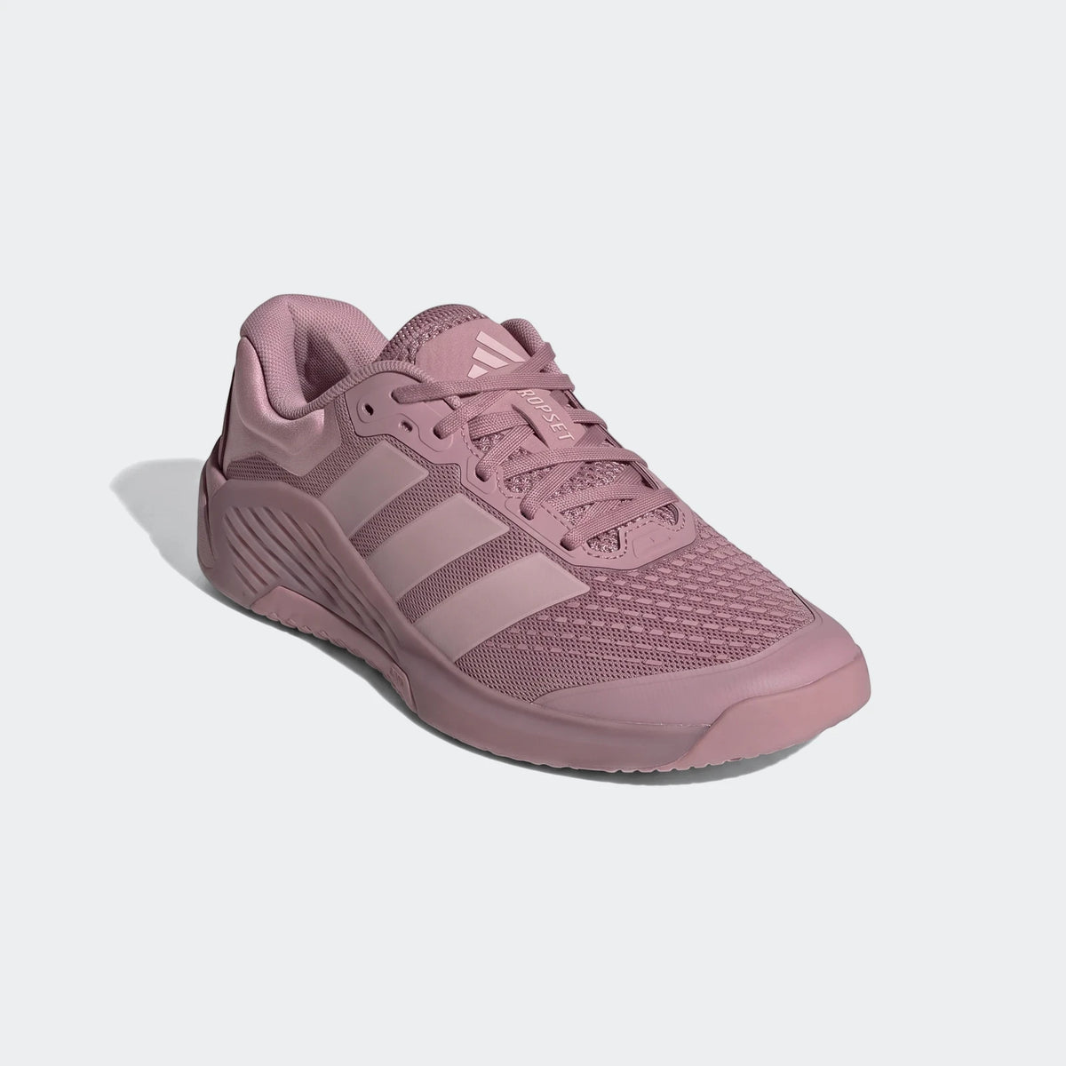 Light purple Adidas Dropset 4 training shoes, angled to show the mesh upper, three stripes, and textured sole on a white