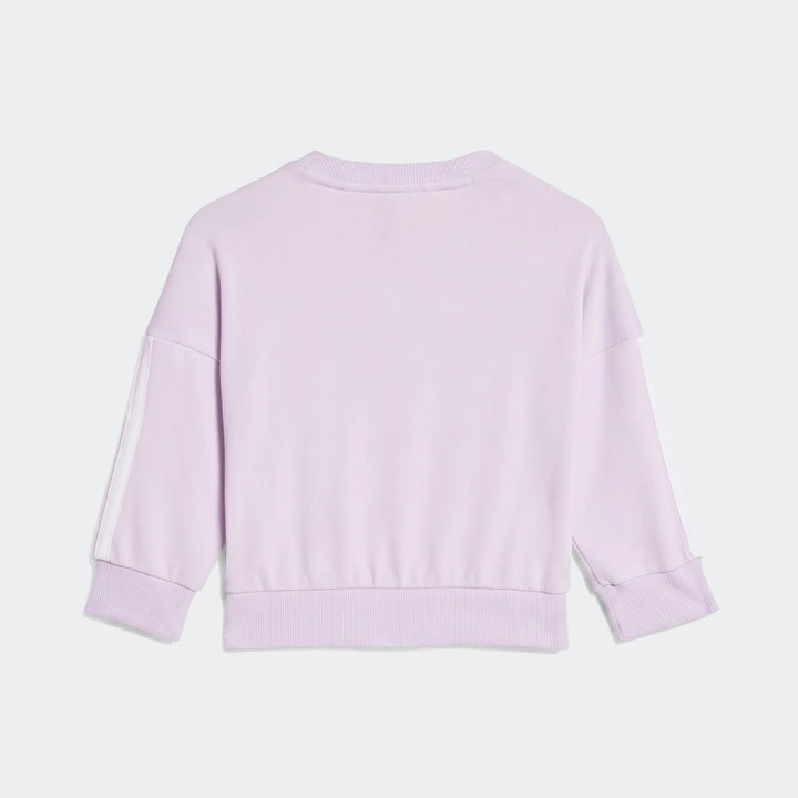 Light purple kids sweatshirt, featuring white stripes on the sleeves and a ribbed hem, shown from the back view.