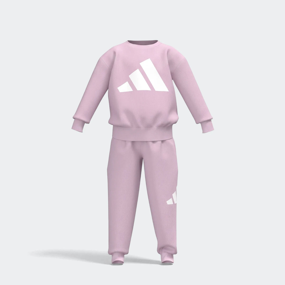 Little Kids Adidas light pink 280G fleece jogger pants and matching sweatshirt set, full view.