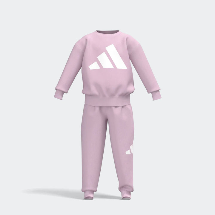 Little Kids Adidas light pink 280G fleece jogger pants and matching sweatshirt set, full view.