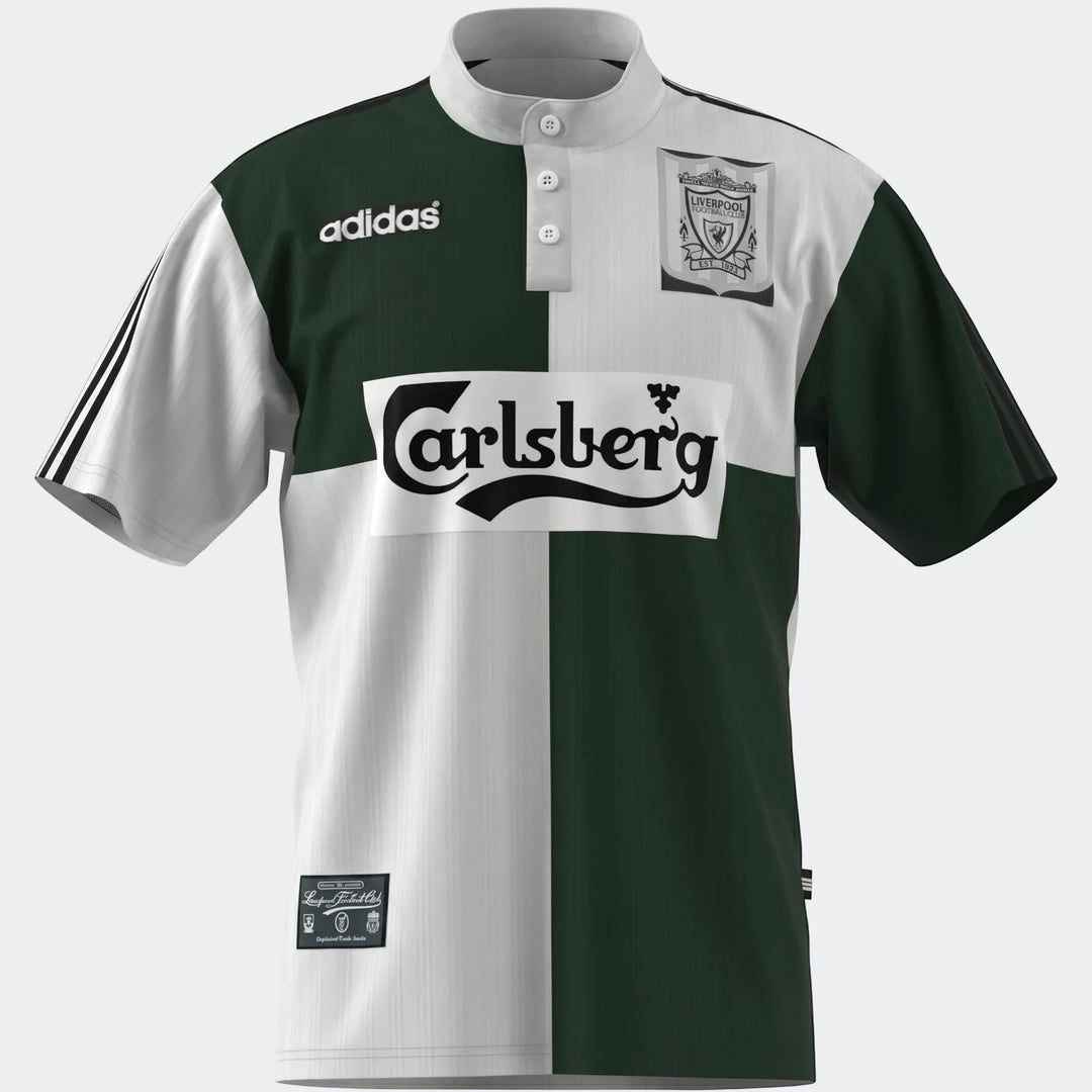 Liverpool FC 1995 away jersey, featuring a distinct green and white design with Adidas and Carlsberg branding.