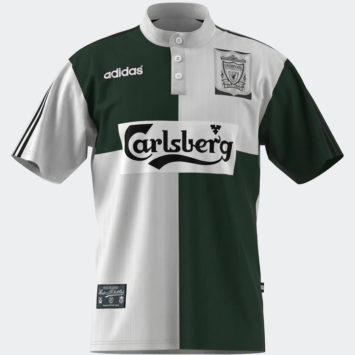 Liverpool FC 1995 away jersey, featuring a distinct green and white design with Adidas and Carlsberg branding.