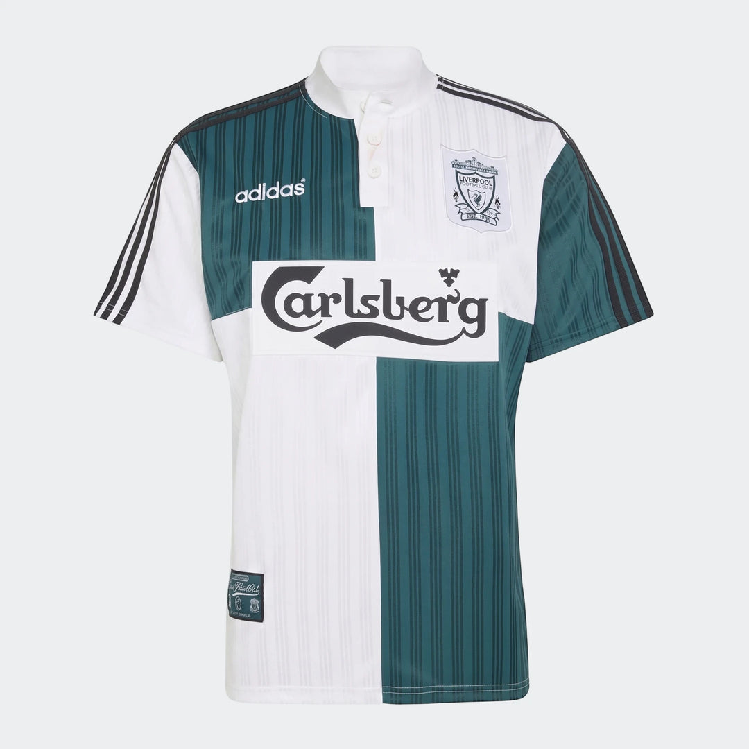 Liverpool Fc 1995 Away Jersey in white and dark teal, short-sleeve, featuring Adidas, Carlsberg, and club crest.