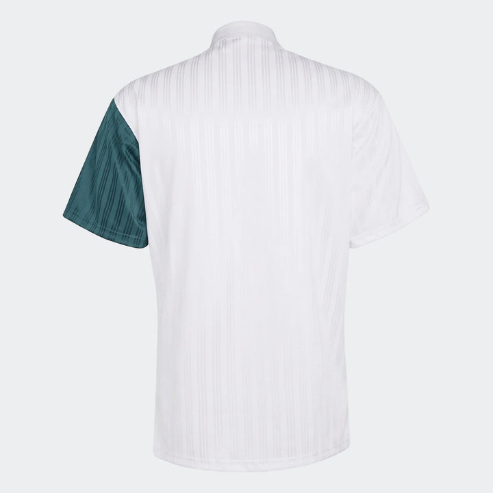 Back view of a white and teal Liverpool FC 1995 Away Jersey with vertical stripes and a stand-up collar.