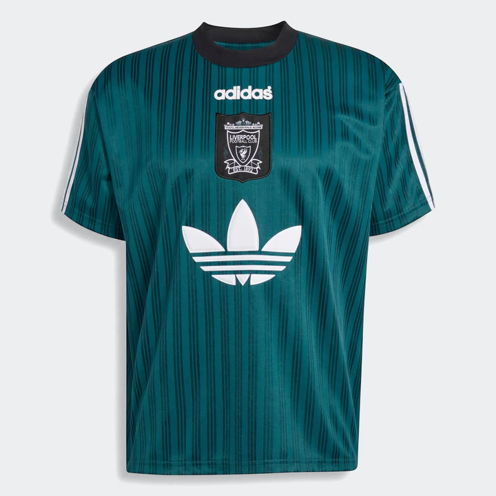 Liverpool FC 1995 Poly T-Shirt in teal with black vertical pinstripes, featuring Adidas branding and club crest.