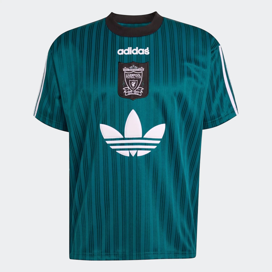 Liverpool Fc 1995 Poly T-Shirt in teal with black vertical stripes, featuring the Adidas logo and club crest on the front.