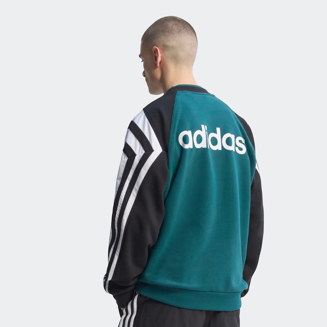 Male model wearing a vintage Liverpool FC 1995 sweatshirt in teal, black, and white, viewed from the back with Adidas logo.