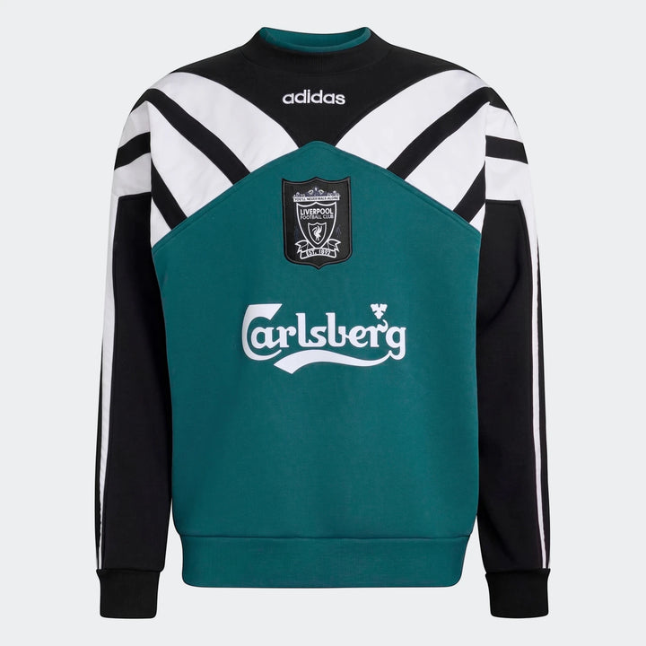 Liverpool FC 1995 sweatshirt in teal, black, and white. This retro crewneck features iconic club and sponsor logos on the