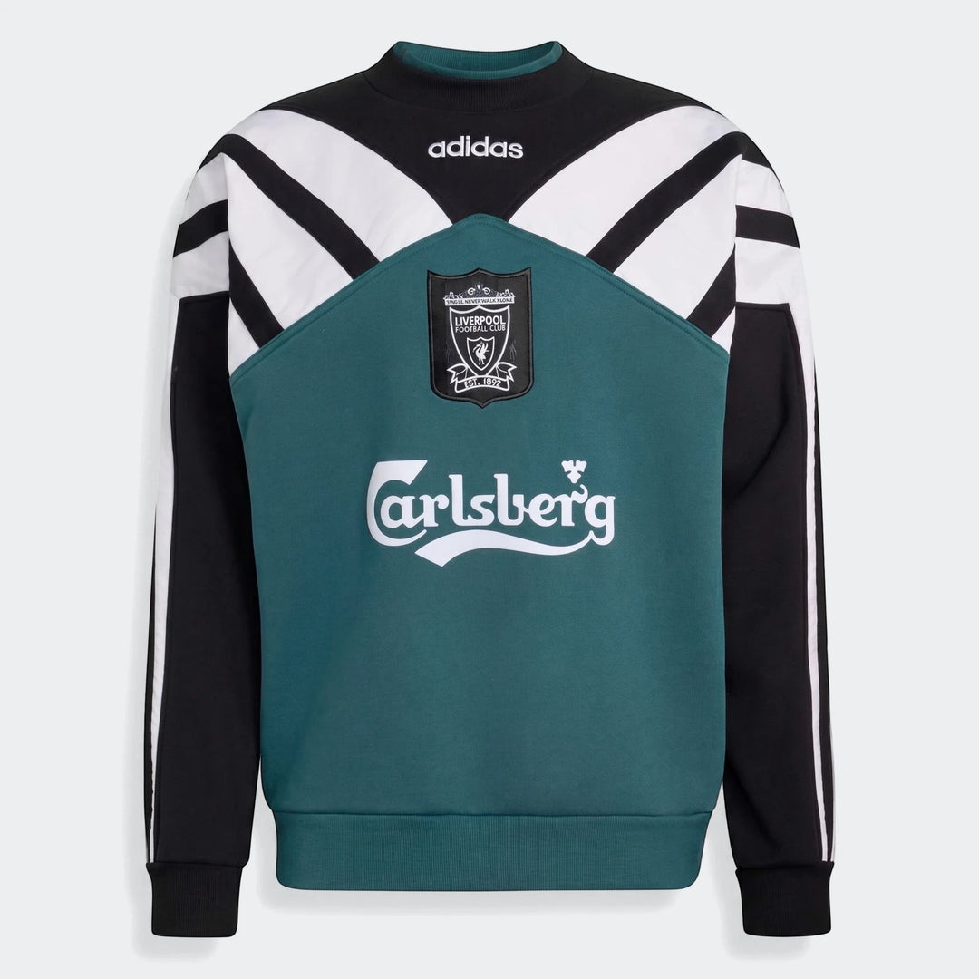 Liverpool Fc 1995 sweatshirt in teal, black, and white with Adidas, club crest, and Carlsberg logos on the front.