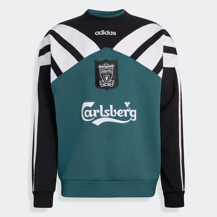 Liverpool Fc 1995 sweatshirt in teal, black, and white with Adidas, club crest, and Carlsberg logos on the front.
