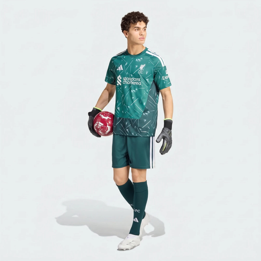 Liverpool FC 2026-27 goalkeeper jersey in dark green with white pattern and LFC crest, front view