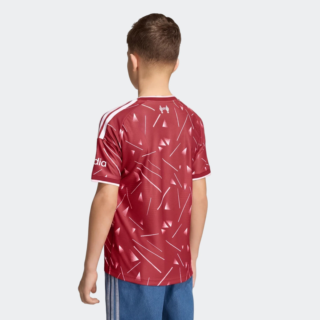 Liverpool FC 26/27 Authentic Home Jersey Youth, back view in deep red with white geometric print and short sleeves.