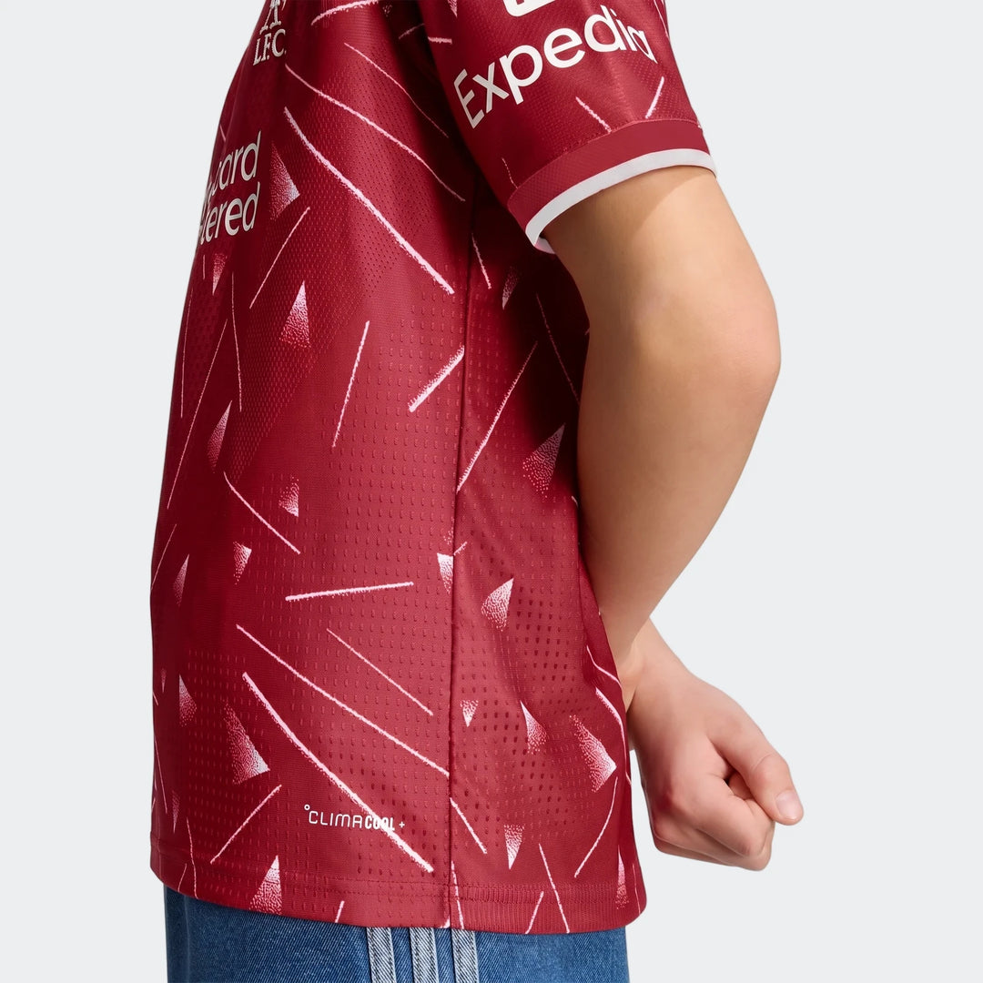 Liverpool FC 26 27 Authentic Home Jersey Youth in red, side view showing white geometric pattern and short sleeve cuff