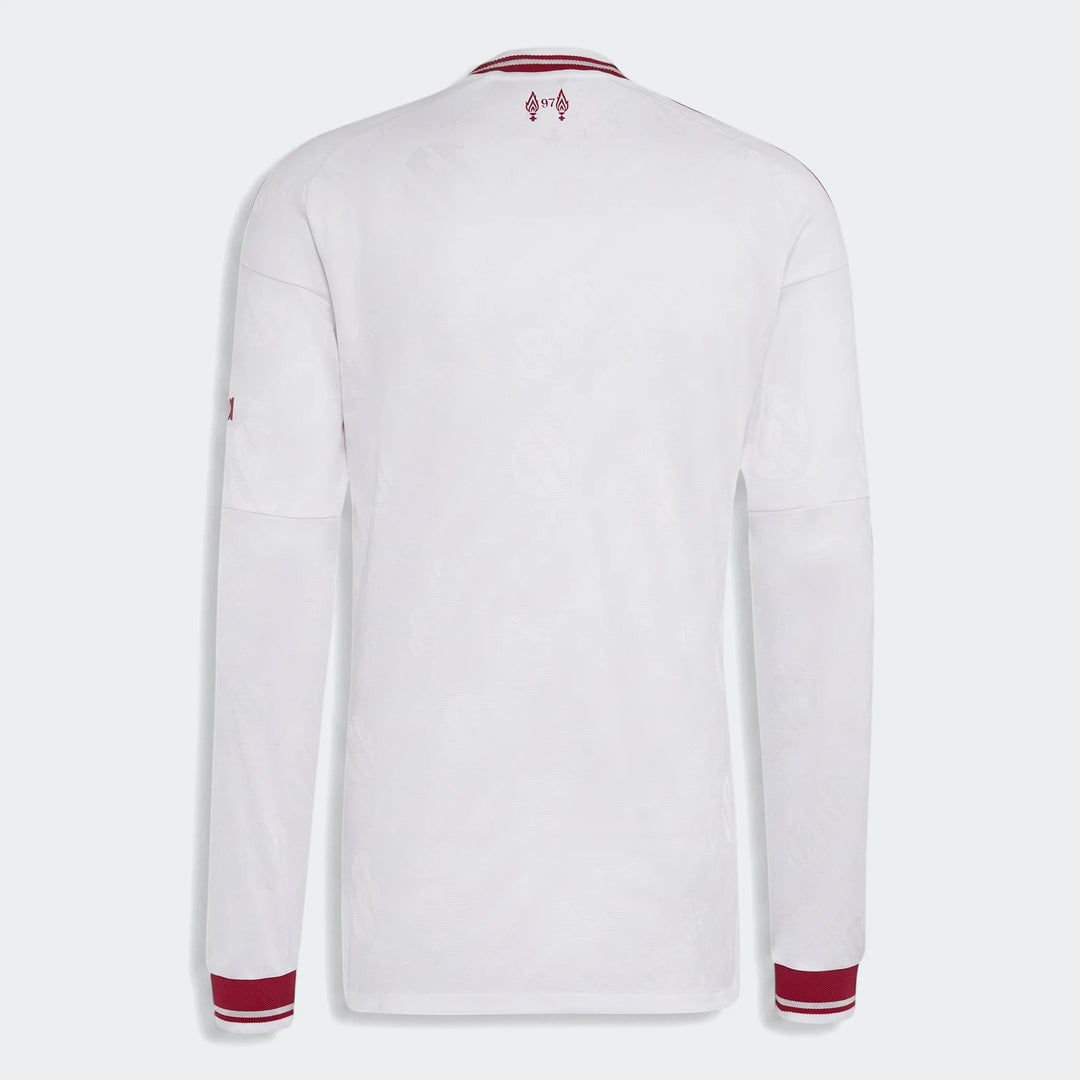 Back view of the Liverpool Fc 26/27 Away Authentic Longsleeve Jersey, featuring white fabric with subtle patterns and red