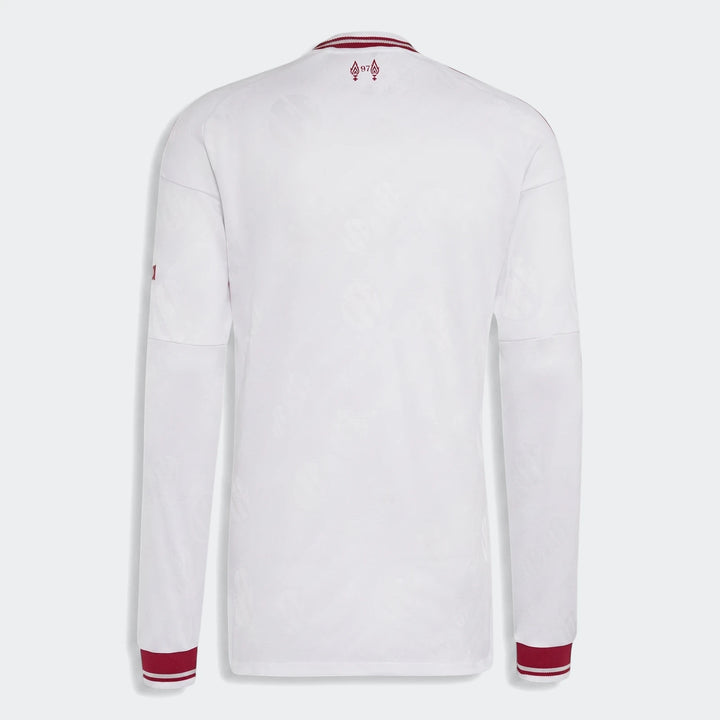 Back view of the Liverpool Fc 26/27 Away Authentic Longsleeve Jersey, featuring white fabric with subtle patterns and red