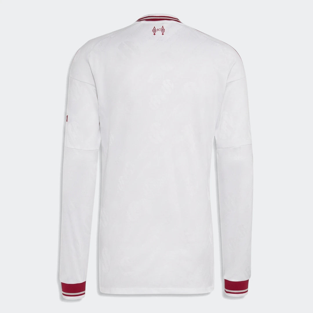 Back view of the Liverpool FC 26/27 Away Authentic Longsleeve Jersey in white with red trim and subtle pattern.