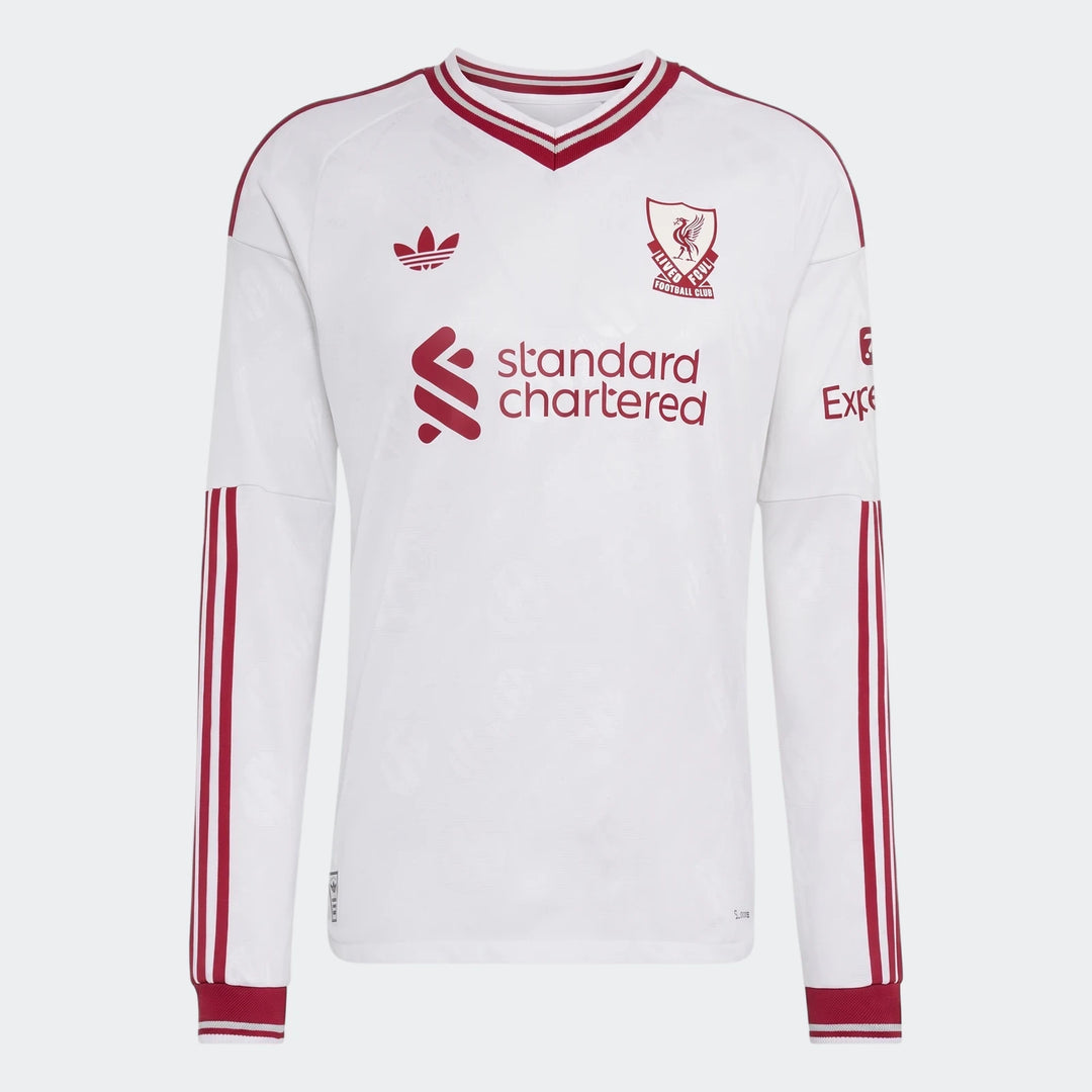 Liverpool FC 26/27 Away Authentic Longsleeve Jersey in white with red details, featuring club crest and sponsor logos.