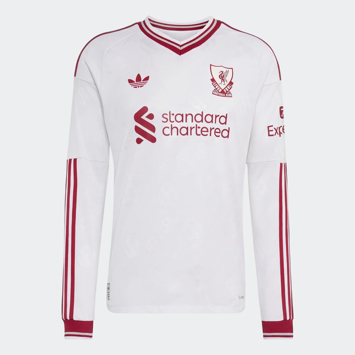 Liverpool FC 26/27 Away Authentic Longsleeve Jersey in white with red details, featuring club crest and sponsor logos.