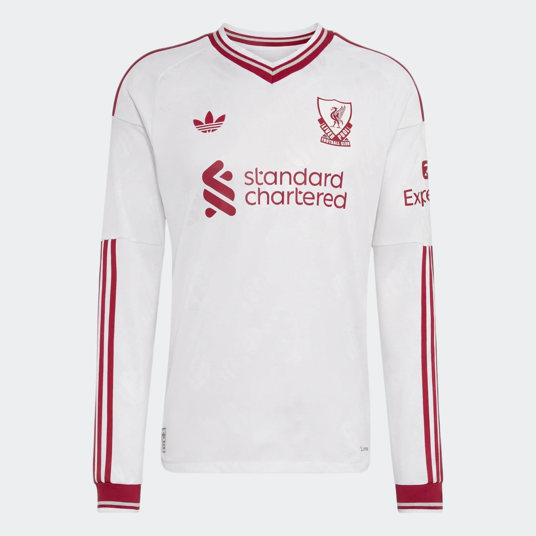 White Liverpool FC 26/27 Away Authentic long-sleeve soccer jersey with red trim and logos, displayed flat.