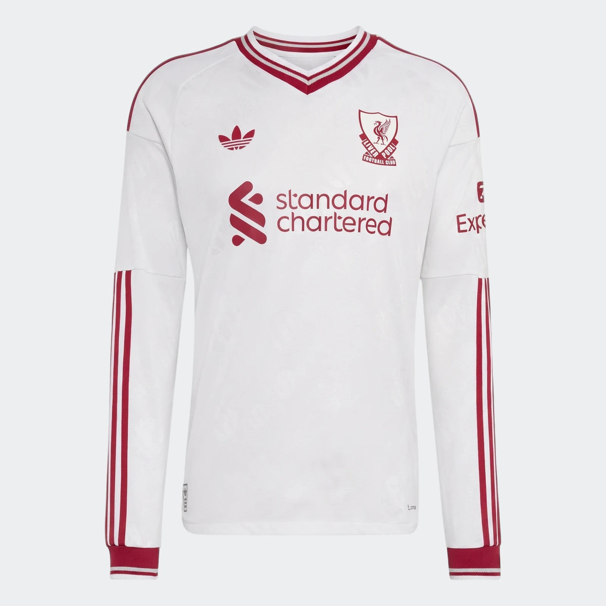 White Liverpool FC 26/27 Away Authentic long-sleeve soccer jersey with red trim and logos, displayed flat.
