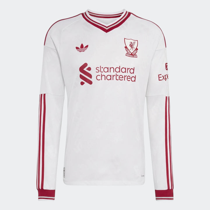 White Liverpool FC 26/27 Away Authentic long-sleeve soccer jersey with red trim and logos, displayed flat.