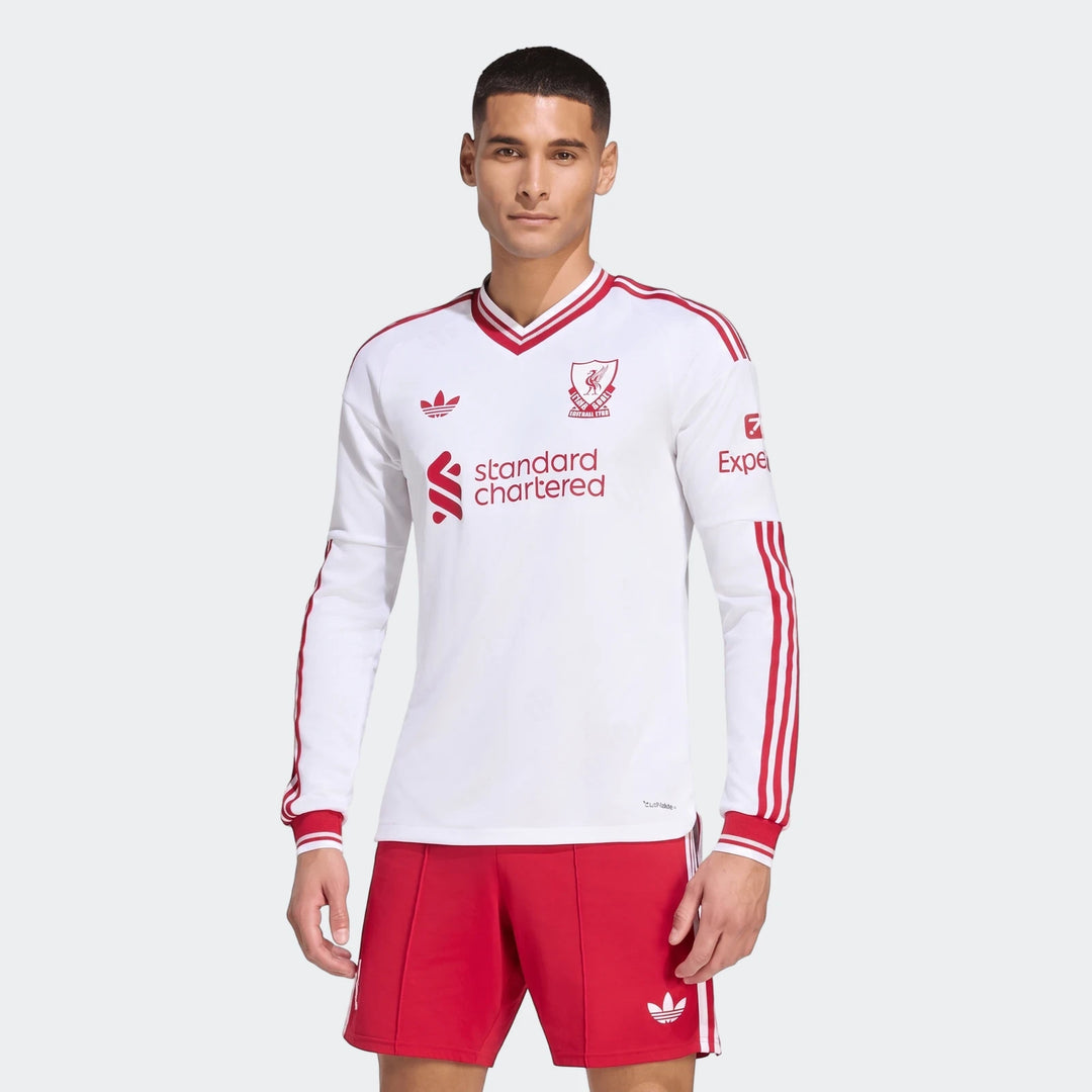 Men's Liverpool FC 26/27 Away Authentic long-sleeve jersey in white with red stripes, worn by a model.