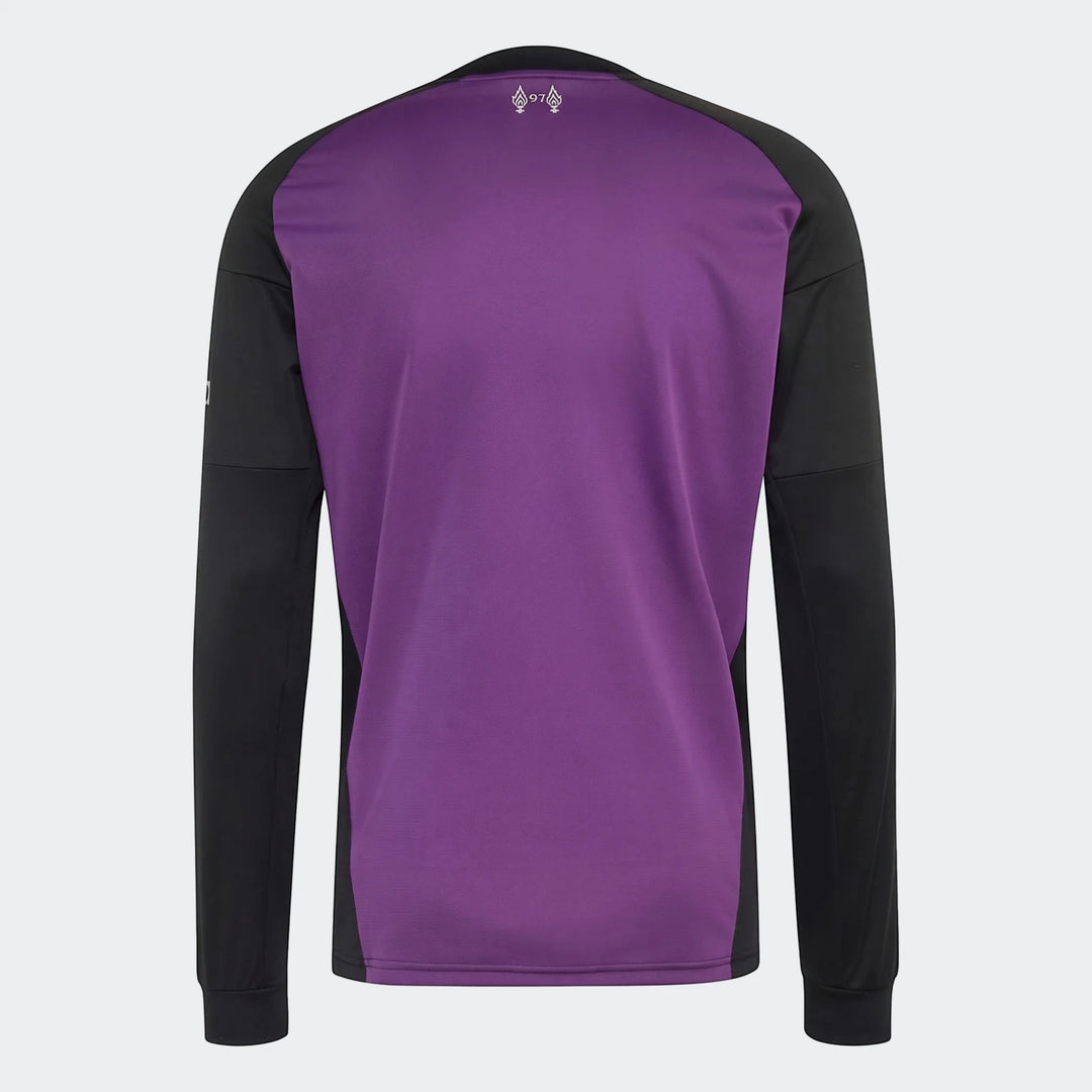 Back view of a long-sleeve Liverpool Fc 26/27 Away Goalkeeper Jersey, featuring a purple body, black sleeves, and '97'