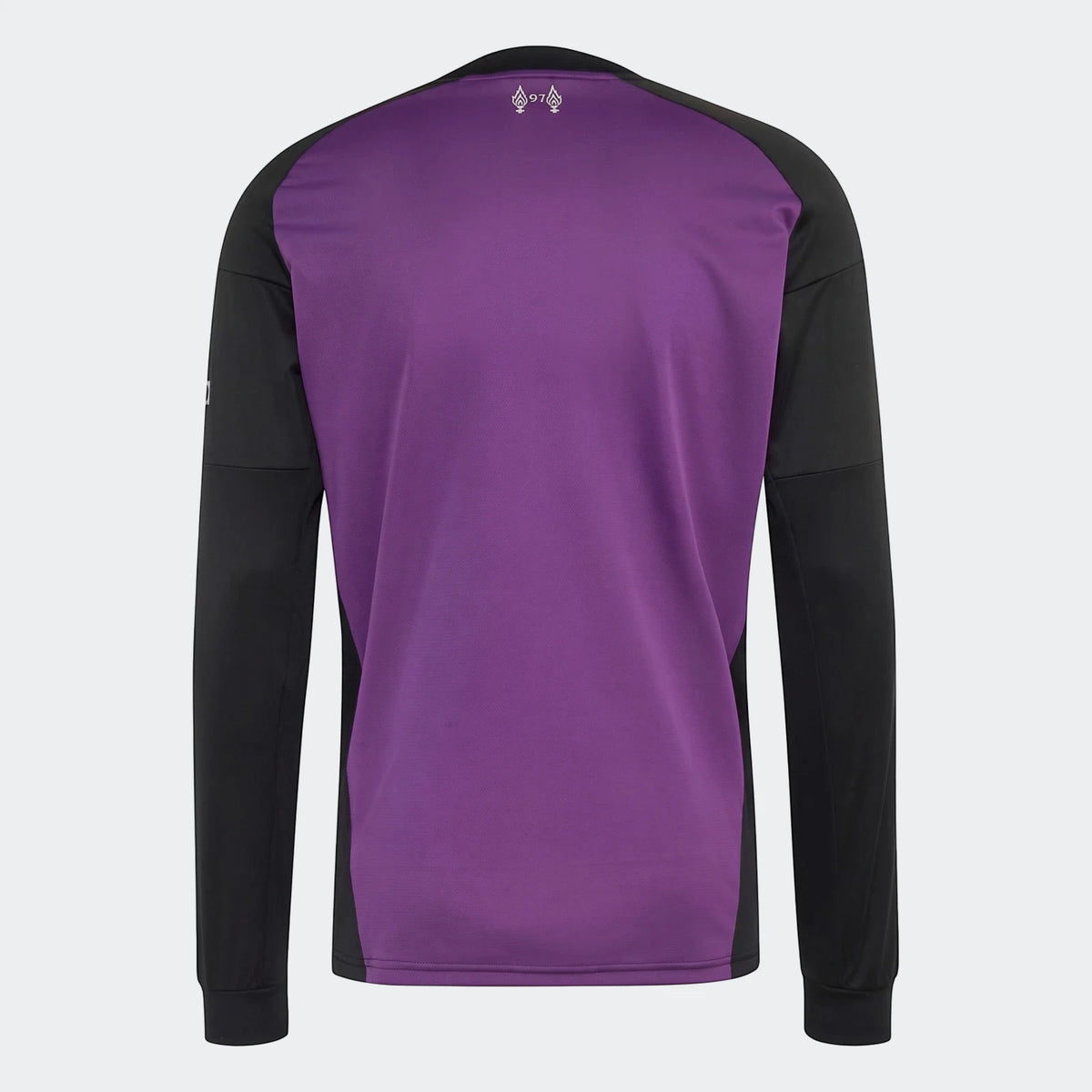 Back view of a long-sleeve Liverpool Fc 26/27 Away Goalkeeper Jersey, featuring a purple body, black sleeves, and '97'