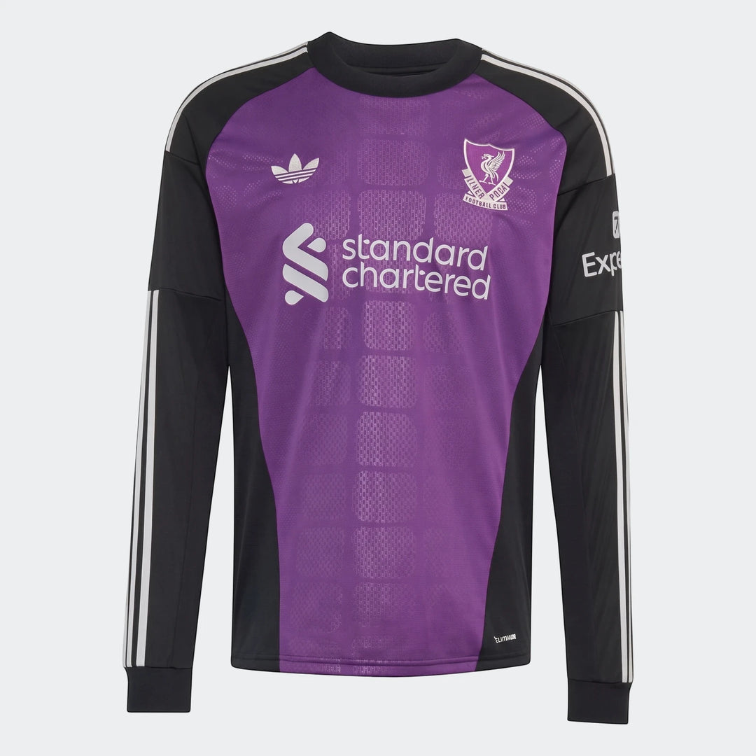 Liverpool FC 26/27 Away Goalkeeper Jersey in purple and black, featuring long sleeves and team crest on a football kit.