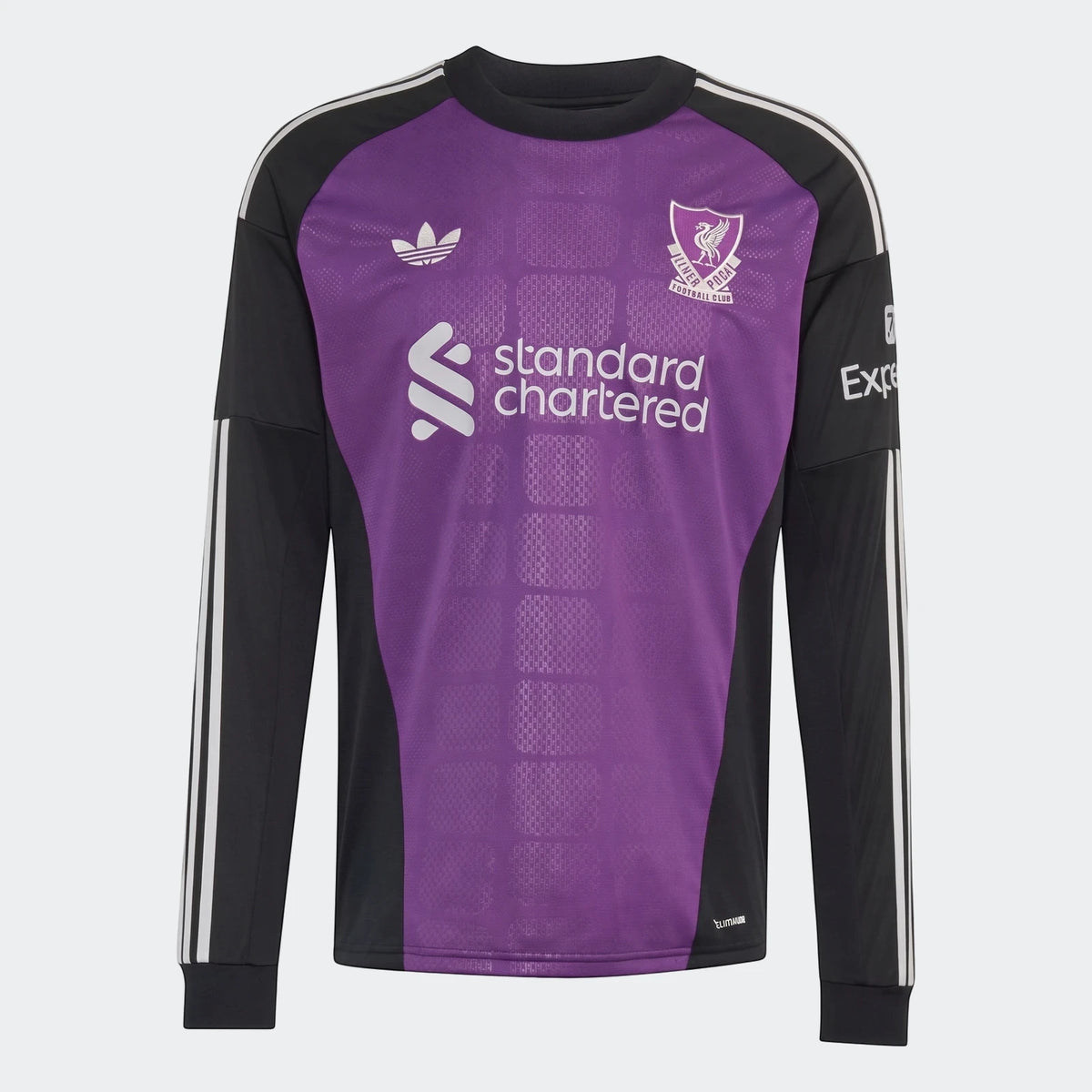 Liverpool FC 26/27 Away Goalkeeper Jersey in purple and black, featuring long sleeves and team crest on a football kit.