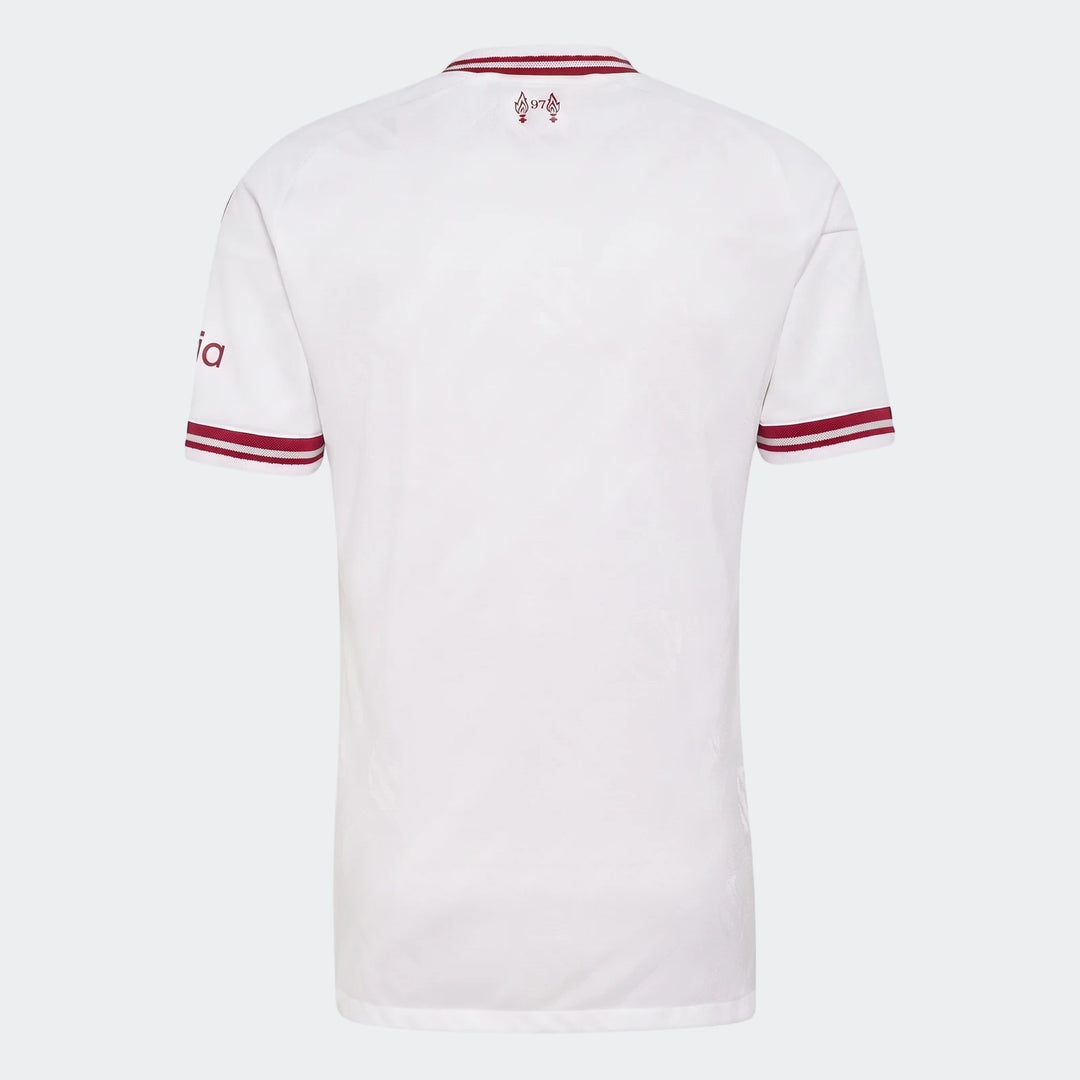 Authentic Liverpool FC 26/27 away jersey in white, featuring maroon striped collar and sleeve cuffs, visible from the back.
