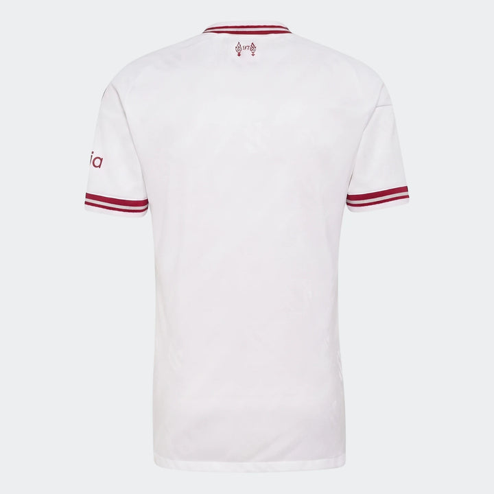 Authentic Liverpool FC 26/27 away jersey in white, featuring maroon striped collar and sleeve cuffs, visible from the back.