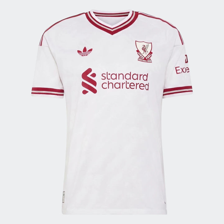 Authentic Liverpool FC 26/27 Away Jersey in white with red details, featuring the club crest and sponsor logos.