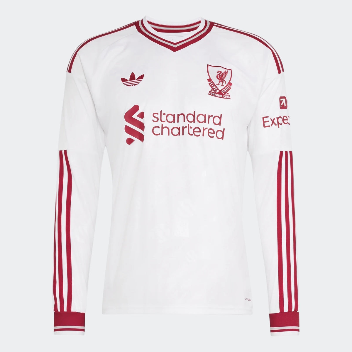 White Liverpool FC 26/27 Away Longsleeve Jersey with red details and sponsor logos, front view on white background.
