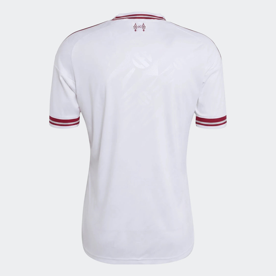Back view of the Liverpool FC 26/27 away jersey, a white football shirt with maroon trim on the collar, shoulders, and cuffs.