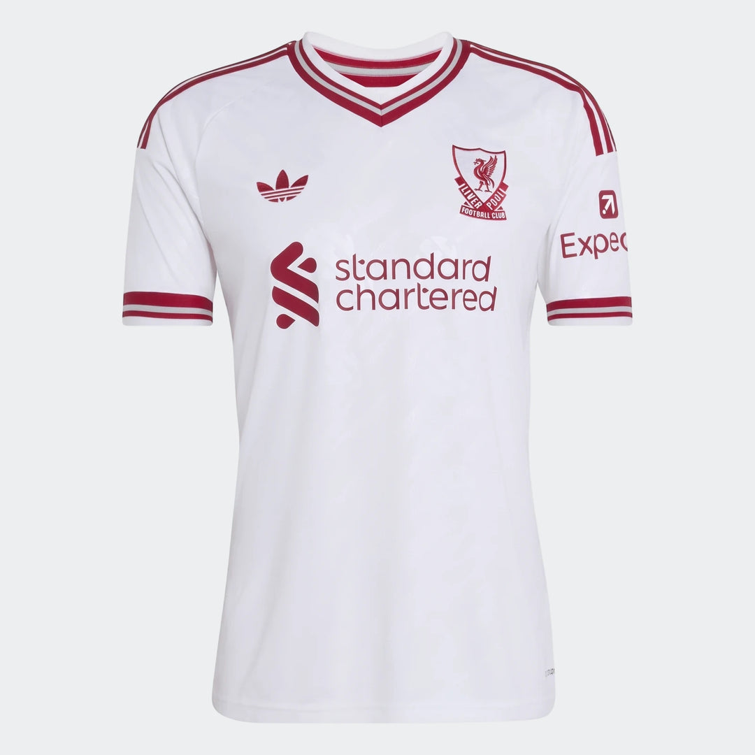 Liverpool FC 26/27 Away Jersey in white with red trim, short sleeves, team crest, and sponsor logos. Front view, flat lay.