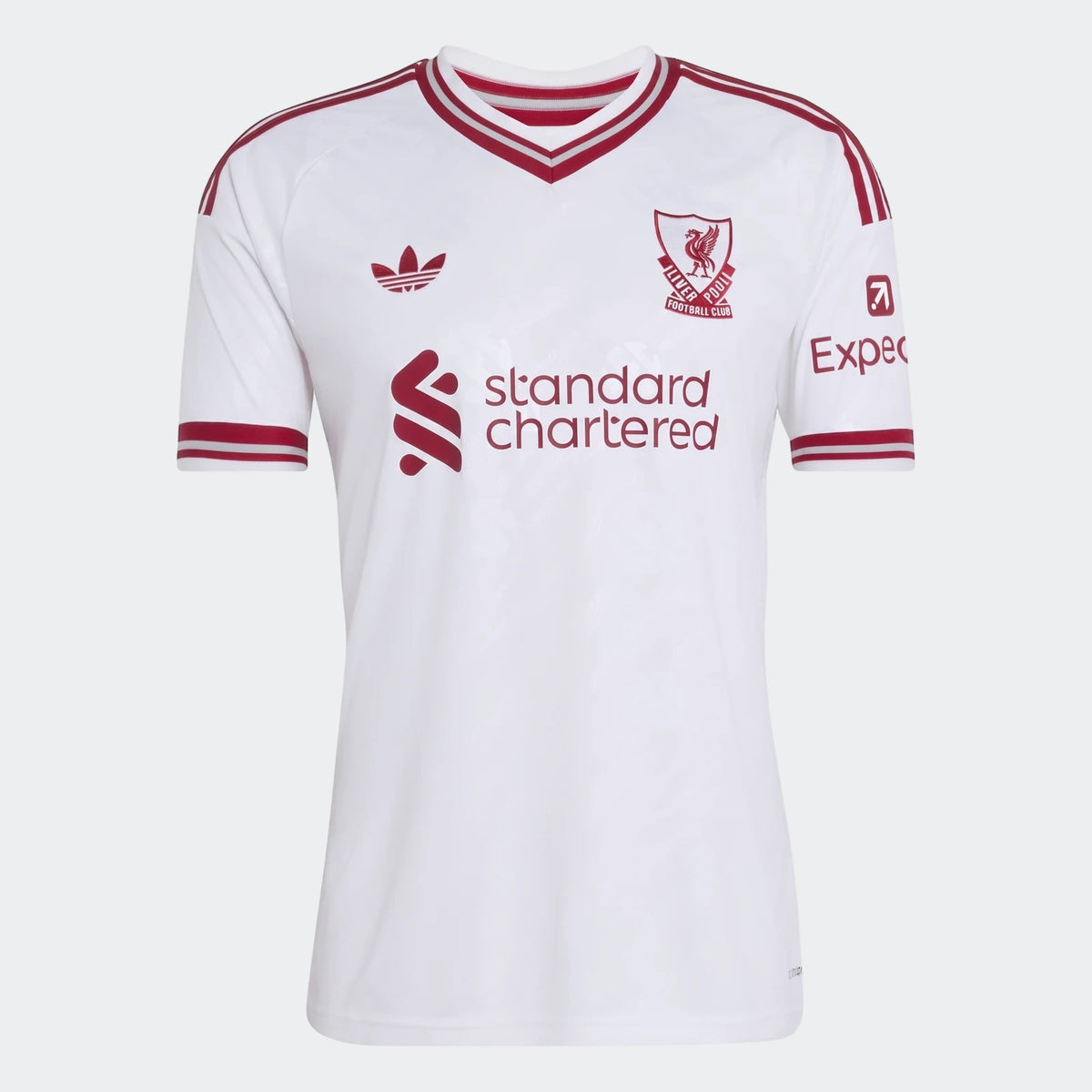 Liverpool FC 26/27 Away Jersey in white with red trim, short sleeves, team crest, and sponsor logos. Front view, flat lay.