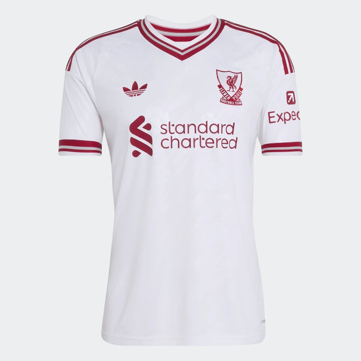 Liverpool FC 26/27 Away Jersey in white with red trim, short sleeves, team crest, and sponsor logos. Front view, flat lay.
