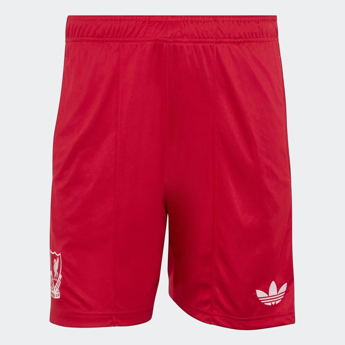 Red Liverpool FC 26/27 Away Shorts with white Adidas logo and club crest, shown on a white background.